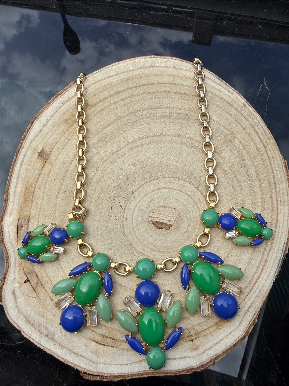 Stella & Dot Gold Tone Green Blue Rhinestone Statement Necklace